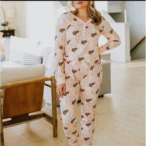 Shirley & Stone  Bee Pajama Set Women's Long Sleeve Sleepwear Loungewear Peach